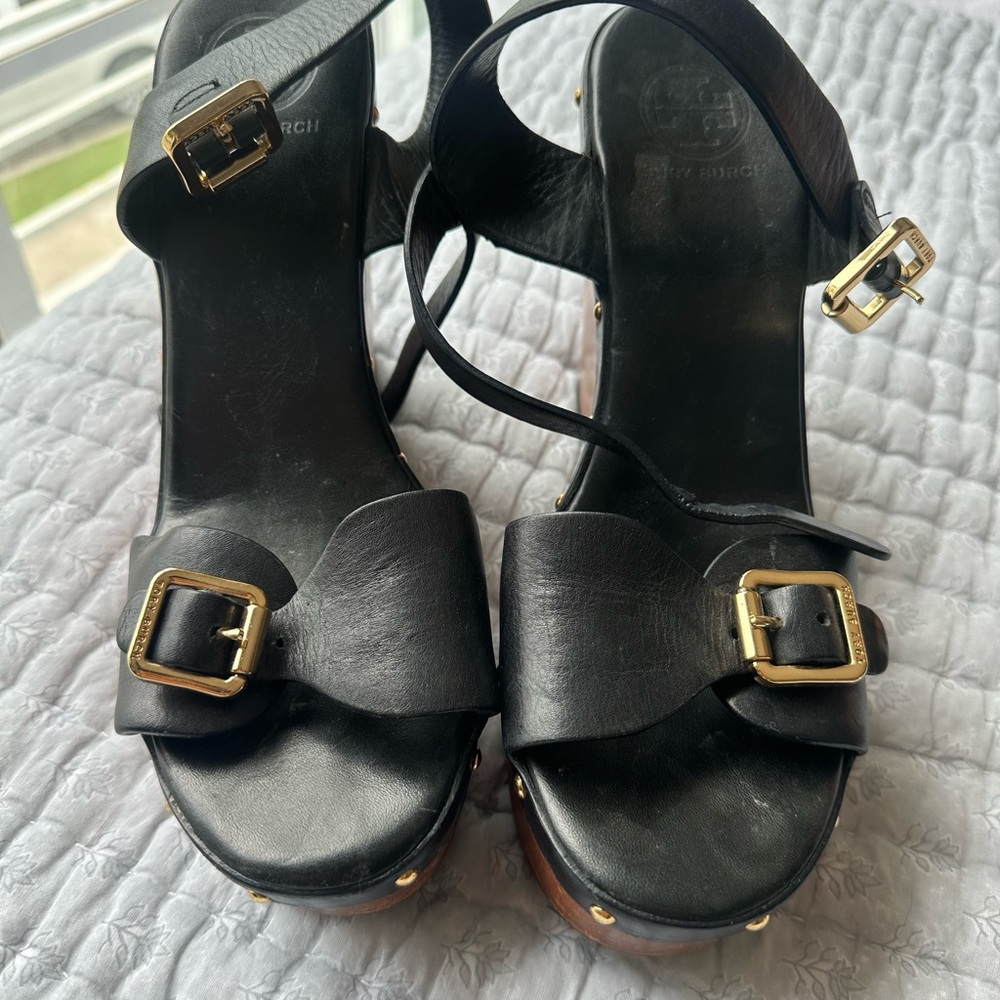 Tory Burch Black Platform Shoes with Brass Buckles